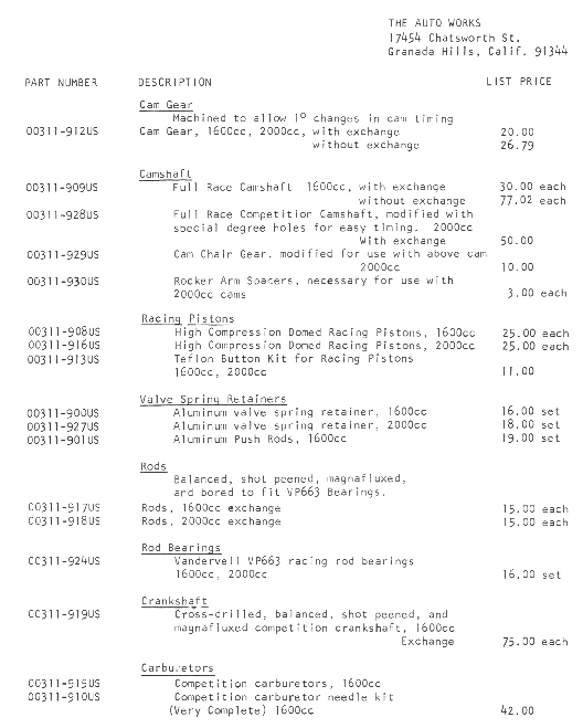Auto Works Parts List, 1968